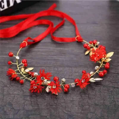 Beautiful Red Pearl Bokul Flower Headband with Ribbon